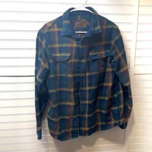 Orvis Blue & Gold/Tan Plaid Button Front Flap & Side Pockets Med Weight Shacket
